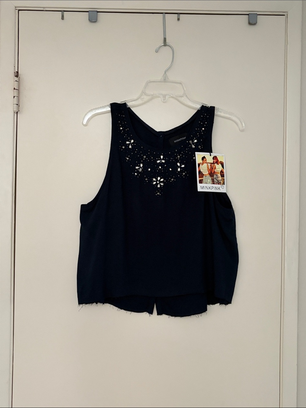 MINKPINK Navy Jeweled Sleeveless Cropped Tank! Button Back! NWT Medium!